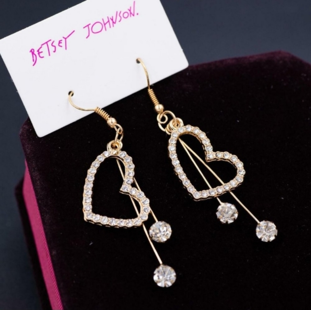 NOT AVAILABLE**Betsey Johnson Crystal Heart Earrings Dangle CZ Rhinestones NEW - Picture 7 of 9